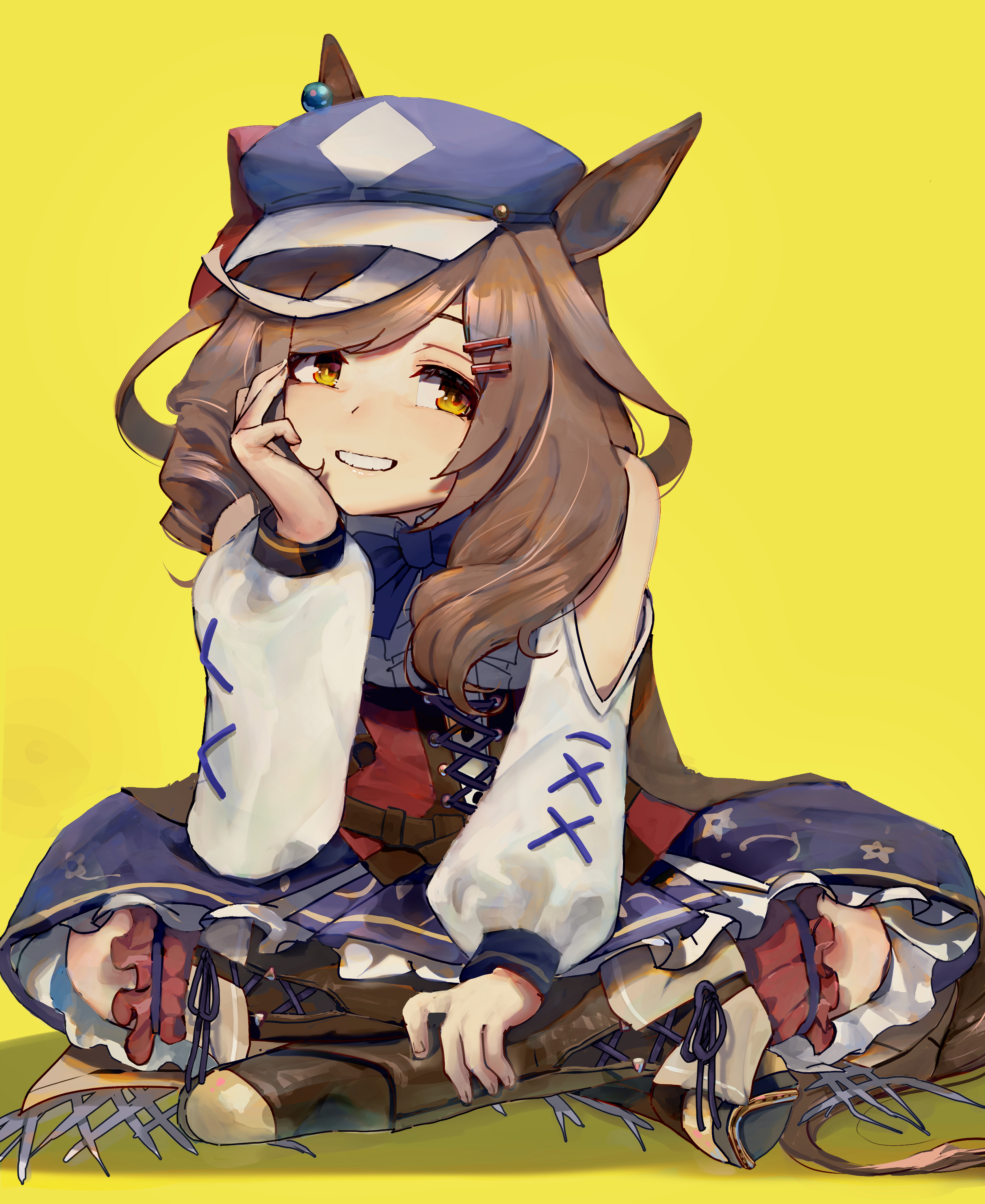 no uwazumi, matikanetannhauser (panpaka tiltott) (umamusume), matikanetannhauser (umamusume), umamusume, absurdres, commentary request, highres, 1girl, animal ears, blue hat, blue skirt, center frills, clothing cutout, corset, frills, hair ornament, hairclip, hat, horse ears, horse girl, horse tail, indian style, long sleeves, looking to the side, medium hair, newsboy cap, puffy long sleeves, puffy sleeves, red corset, shoulder cutout, simple background, sitting, skirt, smile, solo, tail, tilted headwear, white streaks, yellow background