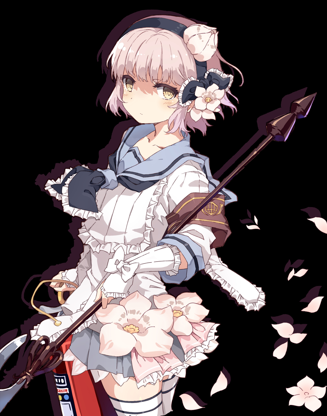 normaland, snow white (mahoiku), mahou shoujo ikusei keikaku, commentary request, highres, 1girl, black background, black hairband, black neckerchief, blue sailor collar, cowboy shot, drop shadow, expressionless, fire extinguisher, flower, grey skirt, hair ornament, hairband, halberd, holding, holding fire extinguisher, holding polearm, holding weapon, looking at viewer, magical girl, neckerchief, pink flower, pink hair, pleated skirt, polearm, sailor collar, short hair, simple background, skirt, solo, weapon, yellow eyes