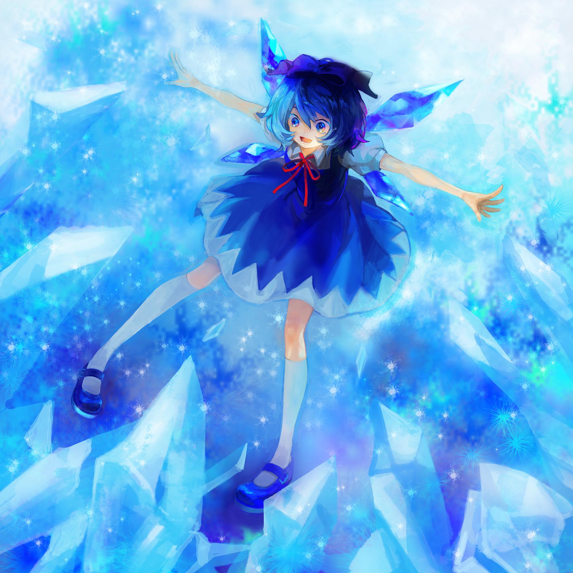 houji, cirno, embodiment of scarlet devil, touhou, bad id, bad pixiv id, highres, 1girl, blue hair, crystal, dress, female focus, full body, gradient background, ice, ribbon, short hair, solo, wings
