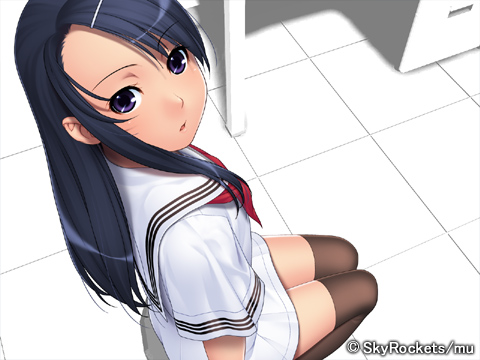 ino (magloid), mochizuki nonoka, mu soft, otome function, lowres, aged down, black hair, blue hair, dress, hair ornament, hairclip, kneeling, long hair, purple eyes, sailor dress, school uniform, serafuku, solo, thighhighs, zettai ryouiki