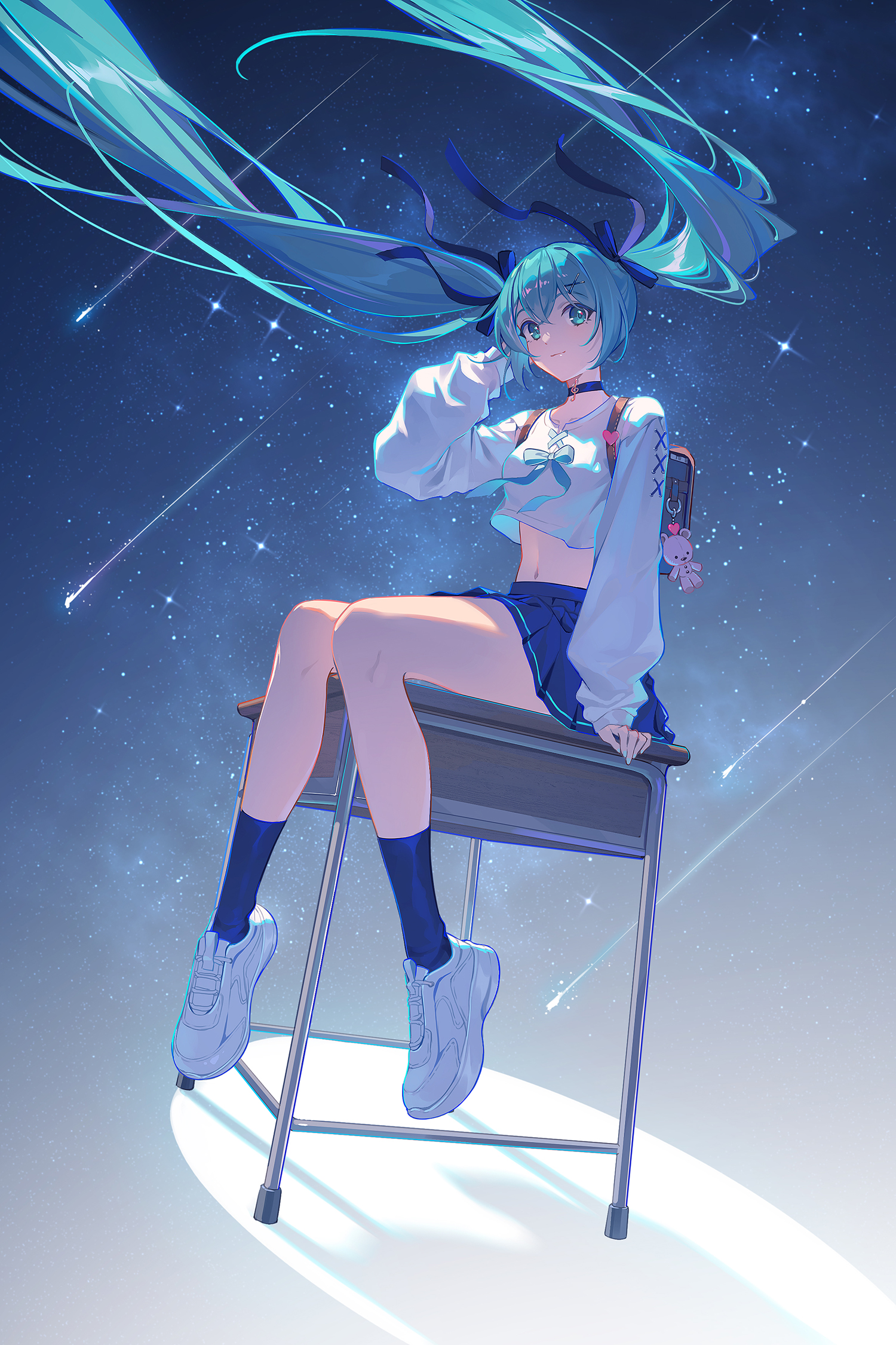 panpanmeiyou hp, hatsune miku, vocaloid, commentary request, highres, 1girl, aqua eyes, aqua hair, backpack, bag, blue choker, blue skirt, blue socks, breasts, choker, closed mouth, crop top, crop top overhang, desk, floating hair, hair ribbon, hand up, kneehighs, long hair, long sleeves, looking at viewer, medium breasts, midriff, miniskirt, navel, on desk, pleated skirt, ribbon, shirt, shoes, shooting star, sitting, skirt, smile, sneakers, socks, solo, stomach, thighs, very long hair, white shirt, white shoes