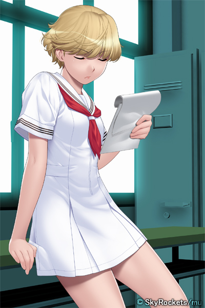 ino (magloid), tatiana vasilievna stalina, mu soft, otome function, 1girl, blonde hair, closed eyes, cowboy shot, dress, female focus, frown, indoors, neckerchief, red neckerchief, sailor dress, school uniform, serafuku, short hair, solo
