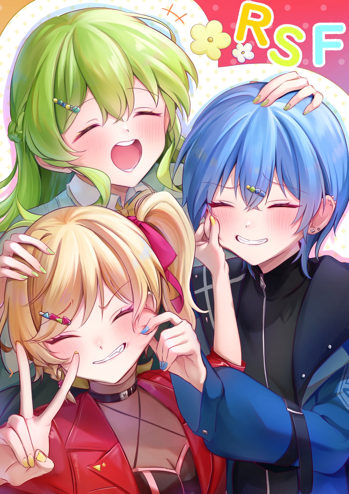 rasuku (rsfroar), original, highres, 3girls, black shirt, blonde hair, blue jacket, blue nails, cheek pinching, closed eyes, green hair, green nails, grin, hand on another's head, jacket, long hair, multiple girls, nail polish, open mouth, pinching, red jacket, shirt, short hair, smile, teeth, twintails, upper body, yellow nails