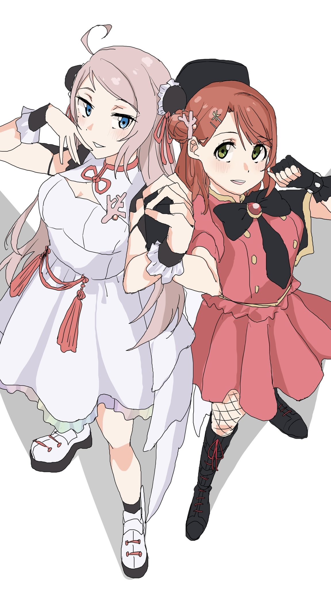 poizun (user wmgk4287), uehara ayumu, zhong lanzhu, love live!, love live! nijigasaki high school idol club, love live! nijigasaki high school idol club the movie – finale, commentary request, highres, 2girls, ahoge, beret, black boots, black capelet, black gloves, black hat, black socks, black wrist cuffs, blue eyes, boots, breasts, bun cover, capelet, china dress, chinese clothes, cleavage, cleavage cutout, clothing cutout, double bun, dress, fingerless gloves, fishnet pantyhose, fishnets, frilled shirt, frilled wrist cuffs, frills, full body, gloves, green eyes, hair bun, hat, holding hands, interlocked fingers, knee boots, long hair, looking at viewer, medium hair, miniskirt, multiple girls, orange hair, pantyhose, phoenix (love live!), pink hair, pink shirt, pink skirt, puffy short sleeves, puffy sleeves, shirt, shoes, short dress, short sleeves, side cape, simple background, skirt, skirt set, socks, stellar stream (love live!), white background, white dress, white shoes, wrist cuffs