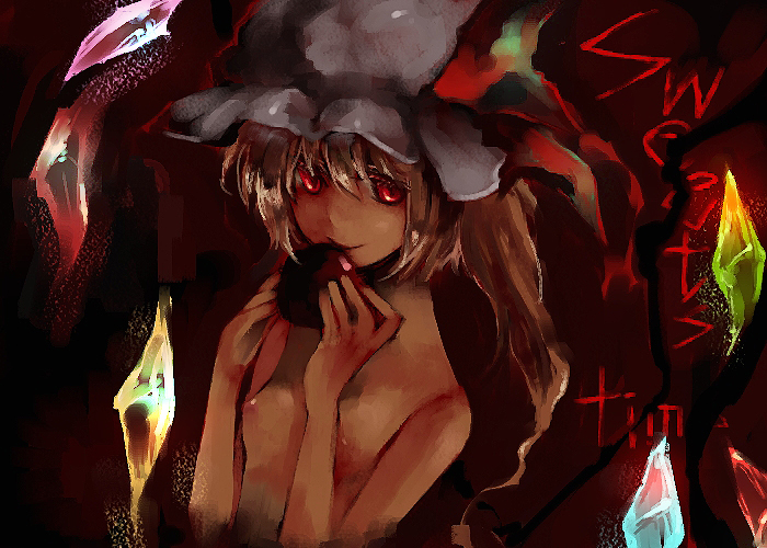 fori, flandre scarlet, touhou, 1girl, apple, black background, blonde hair, breasts, female focus, food, fruit, hat, mob cap, nude, red eyes, solo, topless female, upper body, wings
