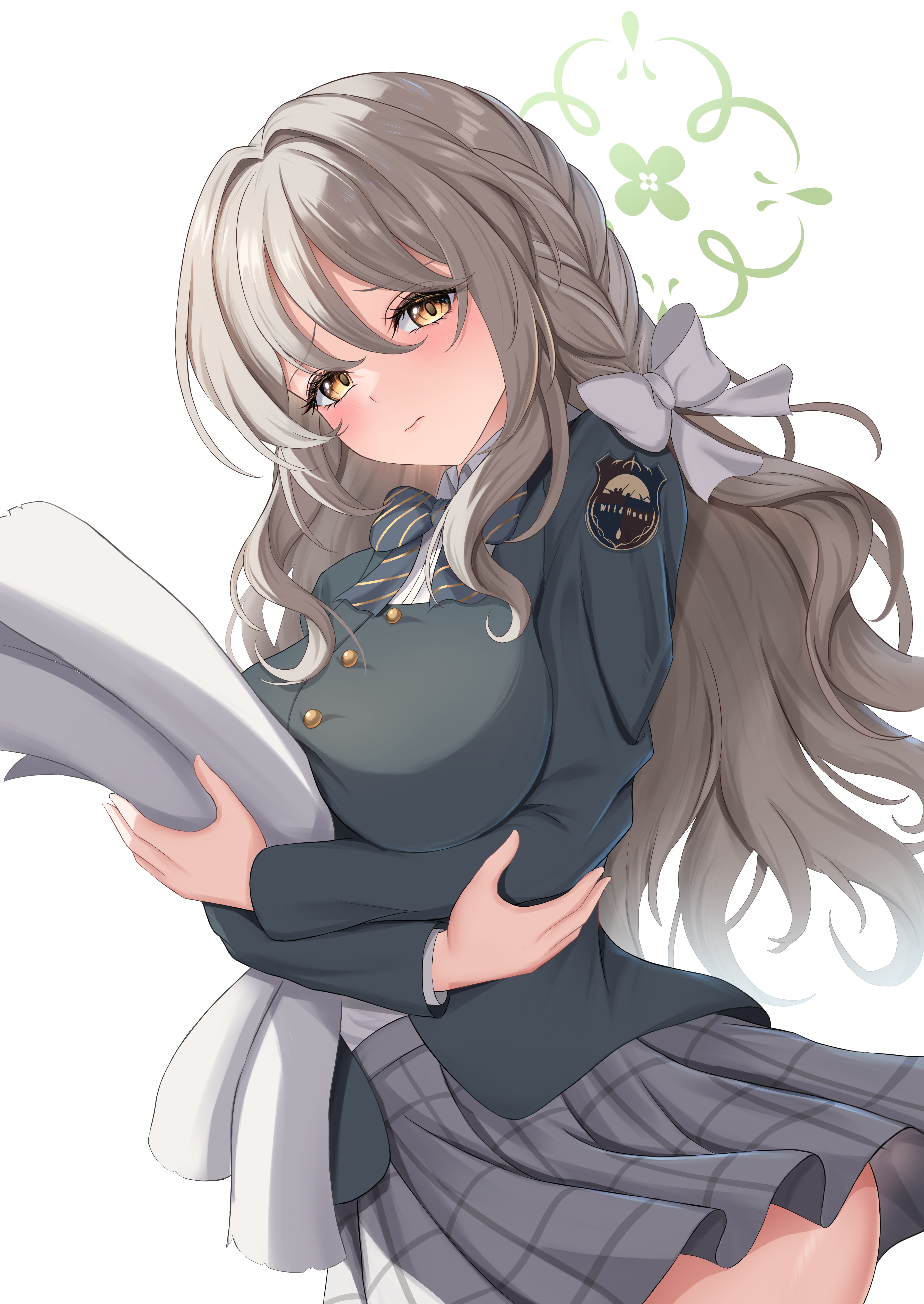 shouhaku0512, miyo (blue archive), blue archive, absurdres, commentary, highres, 1girl, arms under breasts, black bow, black bowtie, blazer, blush, bow, bowtie, braid, breasts, buttons, choppy bangs, closed mouth, collared shirt, crossed arms, crown braid, diagonal-striped bow, diagonal-striped bowtie, diagonal-striped clothes, from side, furrowed brow, gold trim, green halo, grey hair, grey skirt, hair between eyes, hair bow, hair intakes, halo, head tilt, holding, holding paper, jacket, large breasts, long hair, long sleeves, looking at viewer, paper, plaid clothes, plaid skirt, shirt, shirt tucked in, sidelocks, simple background, skirt, solo, striped bow, striped bowtie, striped clothes, thighs, very long hair, white background, white bow, white shirt, wild hunt academy of arts logo, yellow eyes