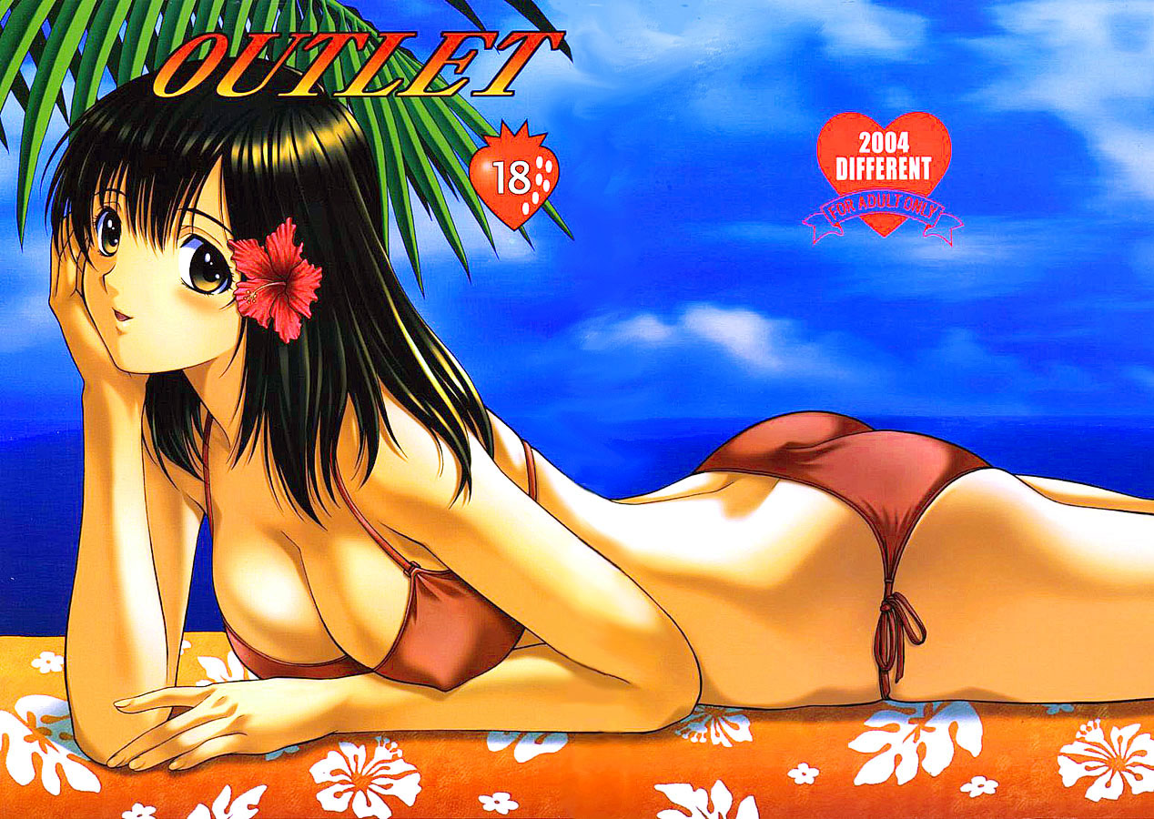 yoshizane akihiro, toujou aya, ichigo 100%, non-web source, scan, 00s, 1girl, 2004, ass, back, bikini, black hair, blush, breasts, cleavage, cover, cover page, covered erect nipples, day, female focus, floral print, flower, from side, hair flower, hair ornament, hibiscus, large breasts, lying, on stomach, red bikini, side-tie bikini bottom, sky, smile, solo, swimsuit, yellow eyes