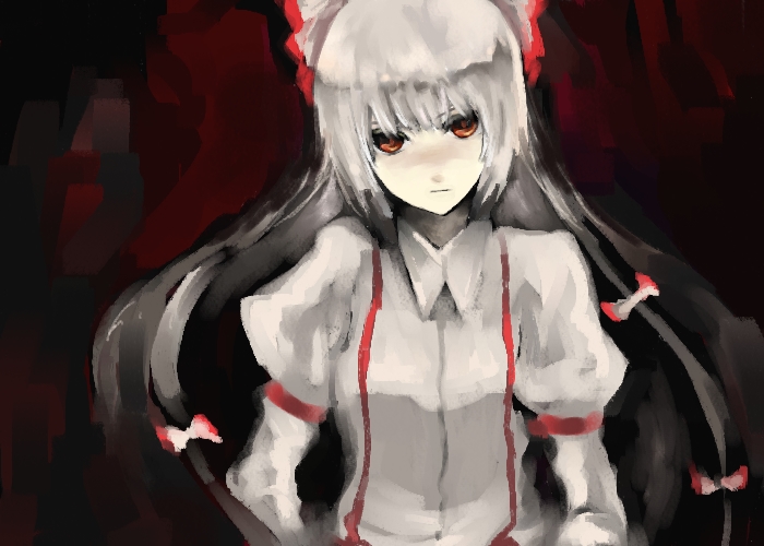 fori, fujiwara no mokou, touhou, silver hair, 1girl, black background, female focus, hair ribbon, long hair, red eyes, ribbon, solo, upper body