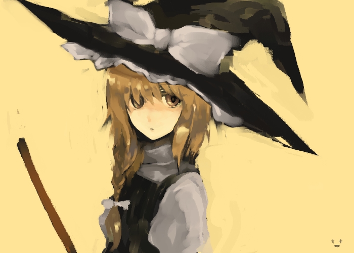 fori, kirisame marisa, touhou, 1girl, blonde hair, braid, female focus, gradient background, hair ribbon, hat, ribbon, solo, witch, witch hat