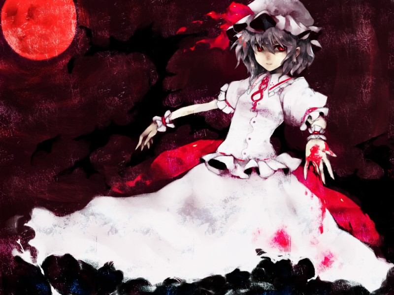 fori, remilia scarlet, touhou, 1girl, bat wings, blood, female focus, hat, moon, red eyes, red moon, short hair, skirt, solo, wings, wrist cuffs