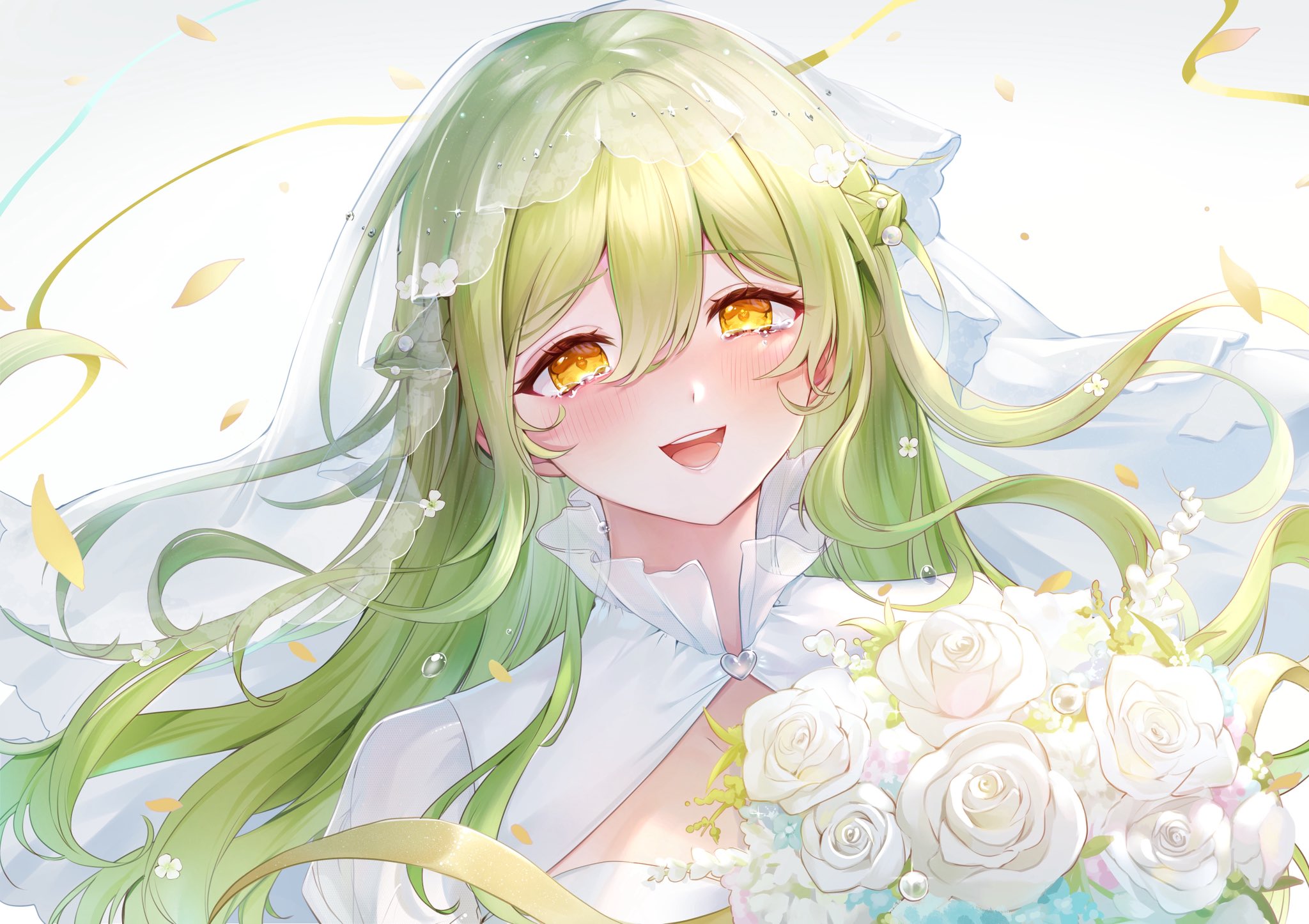 rasuku (rsfroar), original, highres, 1girl, bouquet, braid, bridal veil, dress, flower, green hair, hair flower, hair ornament, half up braid, holding, holding bouquet, long hair, looking at viewer, open mouth, petals, see-through clothes, see-through veil, smile, solo, tearing up, upper body, veil, white dress, white flower, white veil, yellow eyes, yellow petals