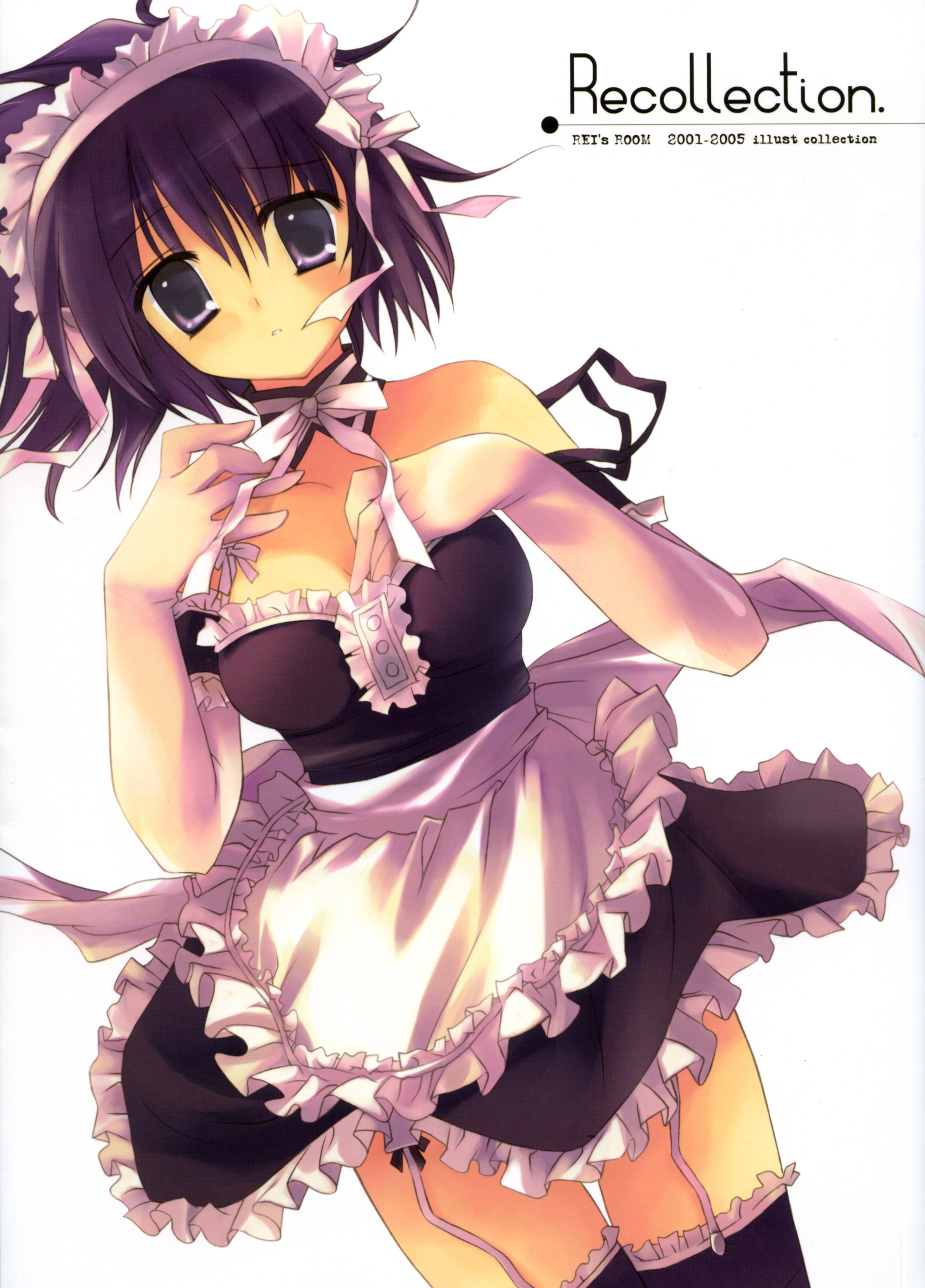 rei (rei's room), sawatari izumi, kore ga watashi no goshujin-sama, absurdres, highres, scan, 00s, 1girl, 2001, 2005, bare shoulders, black eyes, black hair, blush, brown thighhighs, detached collar, dutch angle, elbow gloves, female focus, garter straps, gloves, hair ornament, legs together, maid, maid headdress, nakabayashi yoshitaka's maid uniform, simple background, skirt, solo, thigh gap, thighhighs, white background, white gloves
