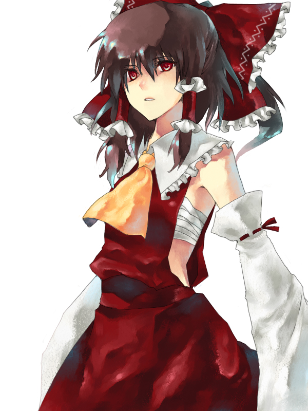 fori, rin (harakiri), hakurei reimu, touhou, 1girl, bandages, bow, brown hair, female focus, japanese clothes, miko, red eyes, sarashi, solo