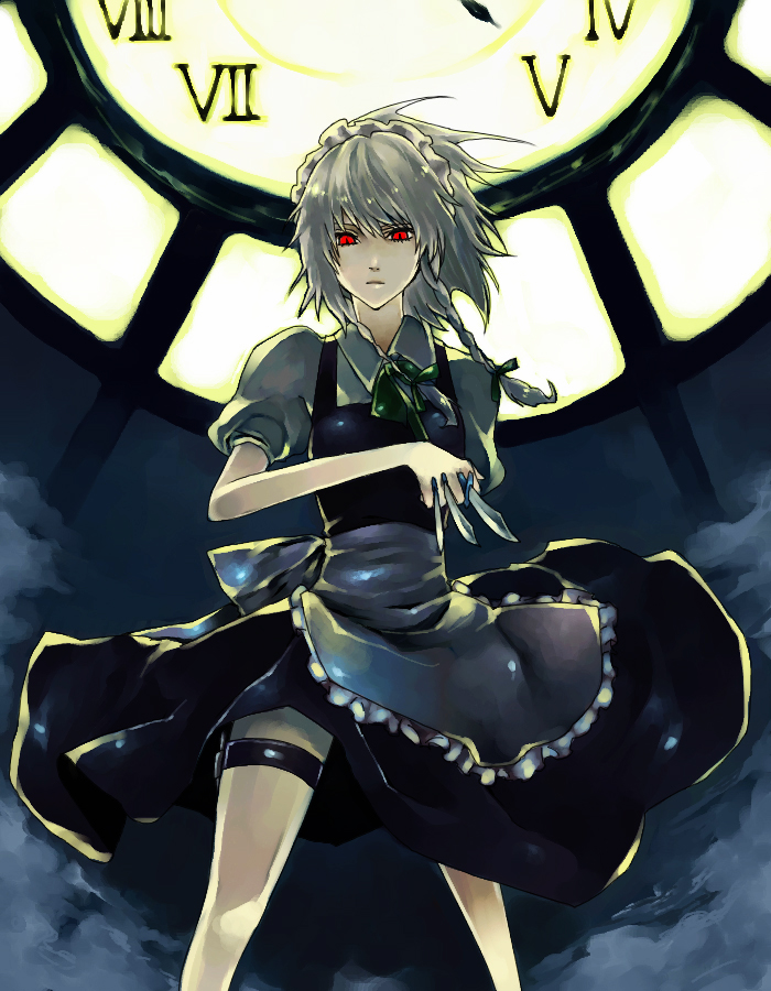 fori, izayoi sakuya, embodiment of scarlet devil, touhou, silver hair, 1girl, between fingers, bow, braid, clock, female focus, hair bow, holding, knife, maid, maid headdress, red eyes, short hair, solo, thigh strap, throwing knife, twin braids, weapon
