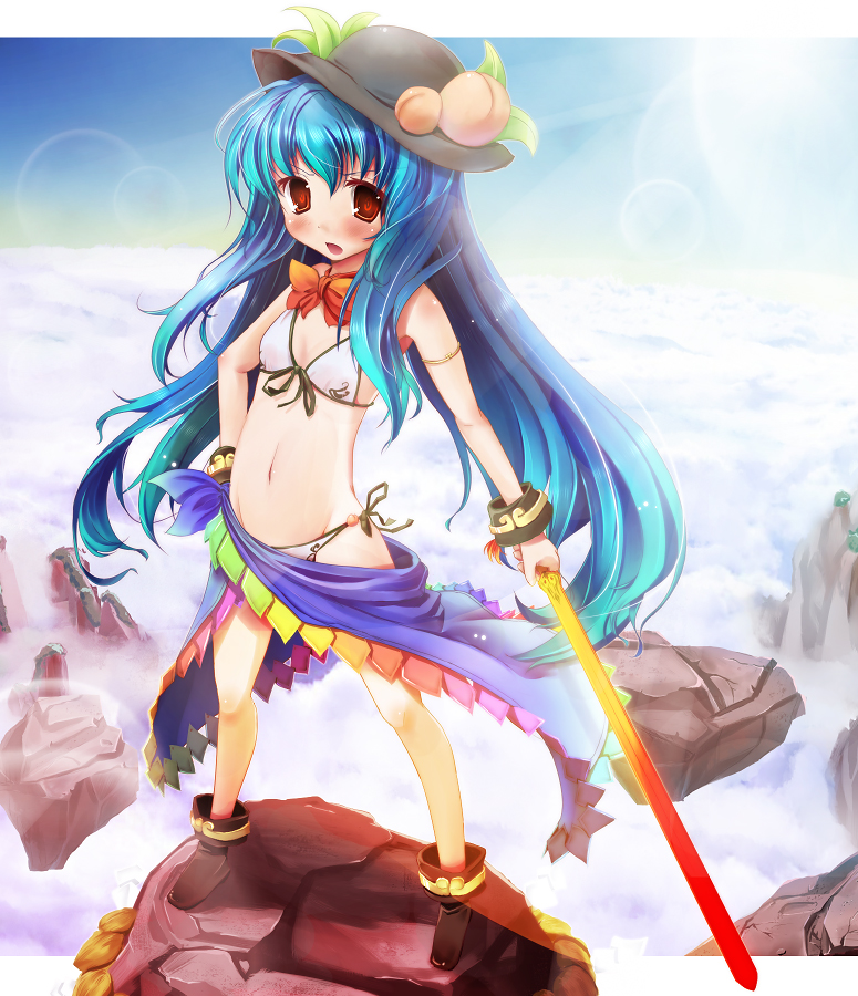 scarlet (studioscr), hinanawi tenshi, touhou, bad id, bad pixiv id, 1girl, bikini, blue hair, blush, boots, bracelet, female focus, flat chest, full body, hat, jewelry, long hair, navel, open mouth, outdoors, plant, red eyes, side-tie bikini bottom, sky, solo, swimsuit, sword, sword of hisou, very long hair, weapon