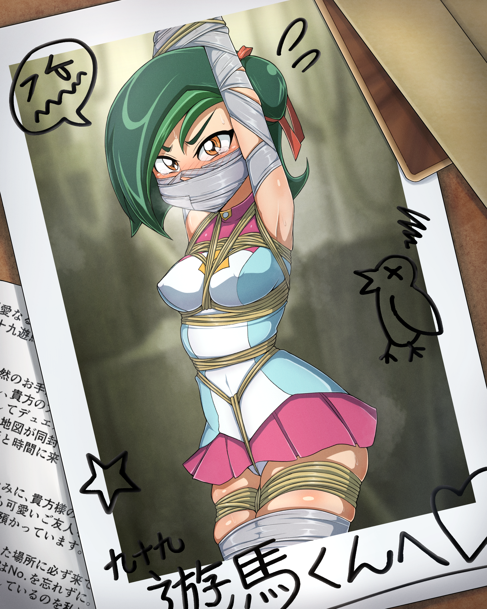 sara mi katsuo, mizuki kotori (yu-gi-oh!), yu-gi-oh!, yu-gi-oh! zexal, highres, 1girl, angry, armpits, arms up, bdsm, blue shirt, blush, bondage, bound, bound arms, bound legs, breasts, brown background, clothes lift, collared shirt, crotch rope, doodle, embarrassed, female focus, gag, gagged, glaring, green hair, hair bun, hair ornament, hair ribbon, improvised gag, kidnapped, kidnapping, medium breasts, miniskirt, navel, nipples, orange eyes, panties, paper, photo (object), pink skirt, ribbon, rope, school uniform, shibari, shibari over clothes, shirt, short hair, single hair bun, skin tight, skindentation, skirt, skirt lift, sleeveless, sleeveless shirt, solo, sweat, sweatdrop, tape, tape bondage, tape gag, thighs, two-tone shirt, underwear, white panties, white shirt