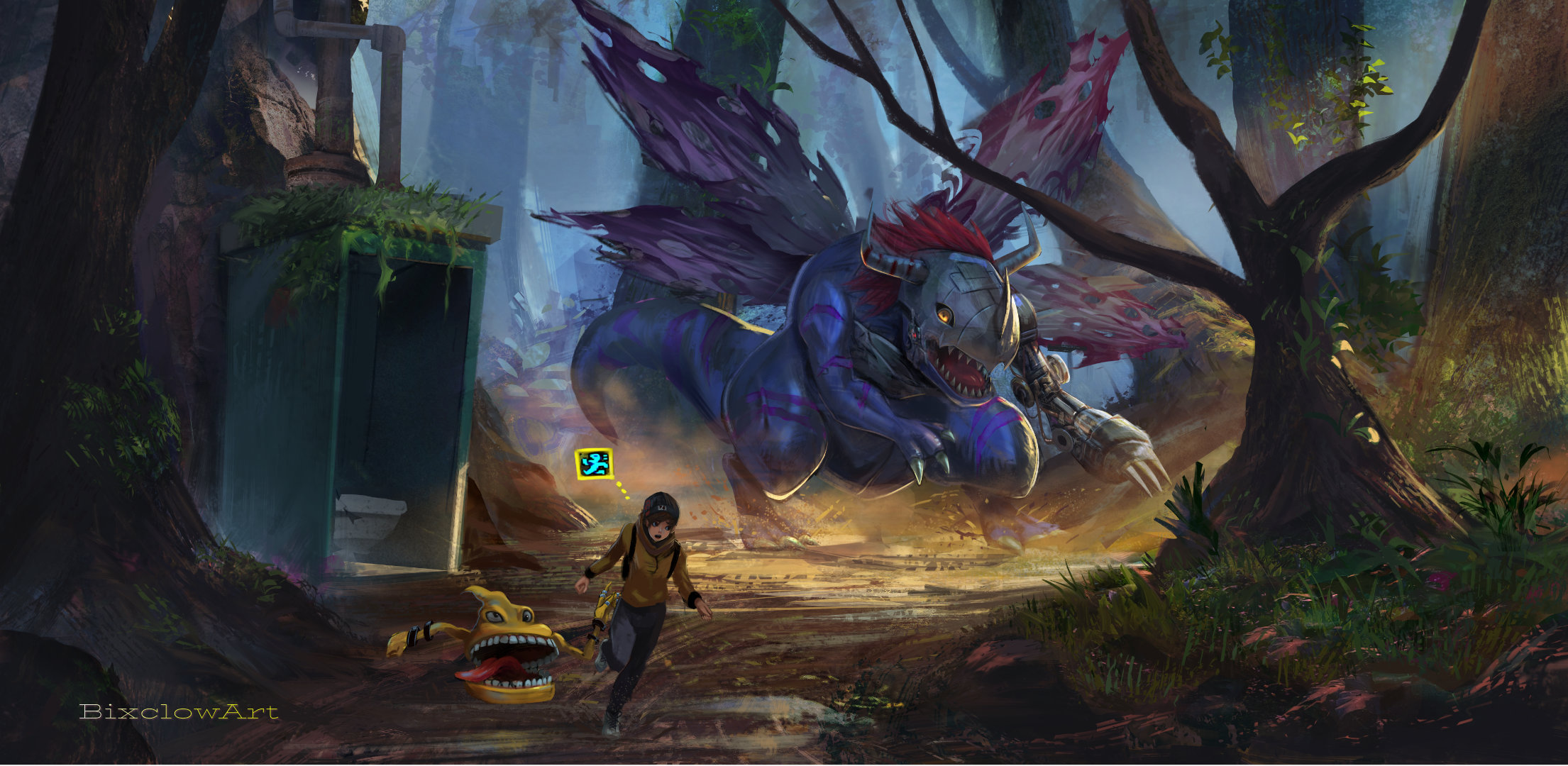 bixclowart, mameo (digimon), metalgreymon (virus), scumon, digimon, digimon world, highres, belt, cyborg, digimon (creature), running, sharp teeth, teeth, tongue