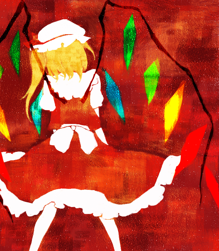 fori, flandre scarlet, touhou, 1girl, back, blonde hair, blouse, female focus, hat, mob cap, red background, red theme, shirt, solo, standing, white hat, white shirt, wings