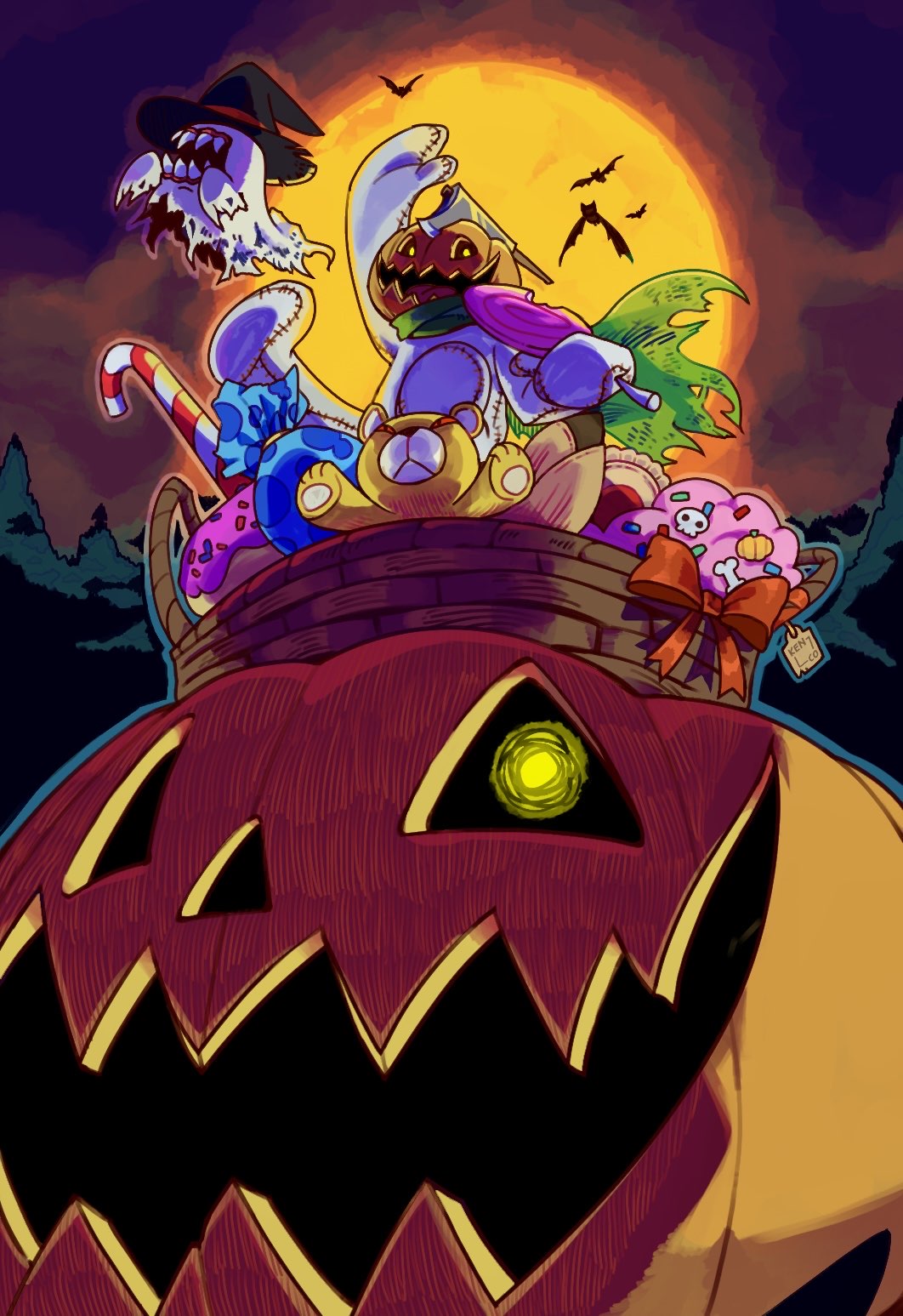 monzaemon, pumpmon, soulmon, digimon, highres, axe, candy, digimon (creature), food, kenco (pixiv user 95322058), lollipop, looking at viewer, scarf, skull, wings