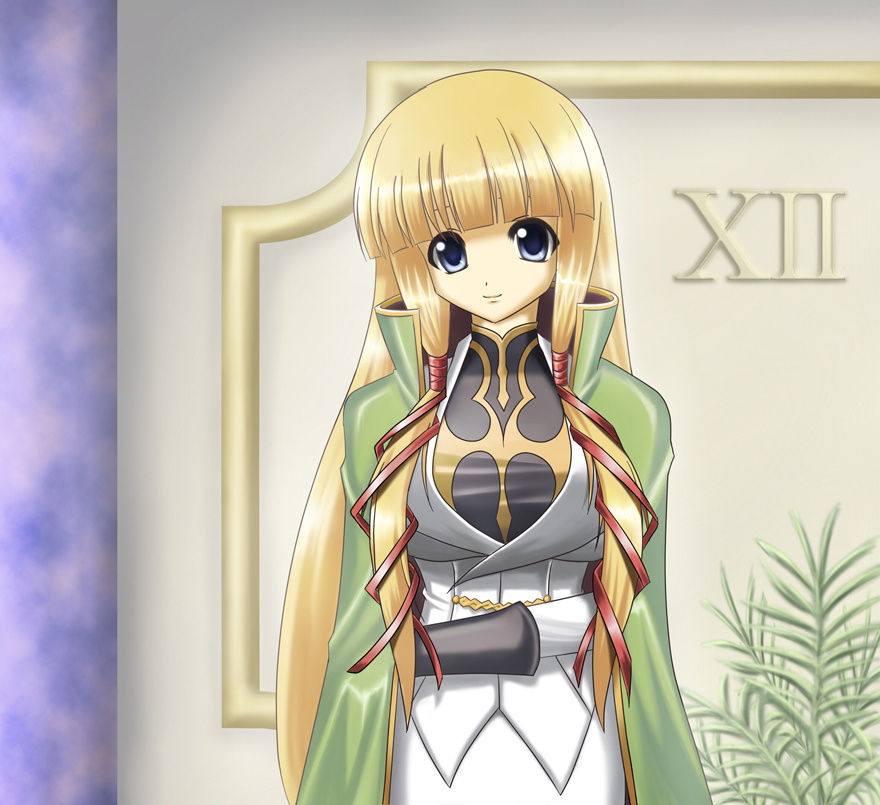 shuz (dodidu), monica kruszewski, code geass, 00s, blonde hair, blue eyes, cape, long hair, solo