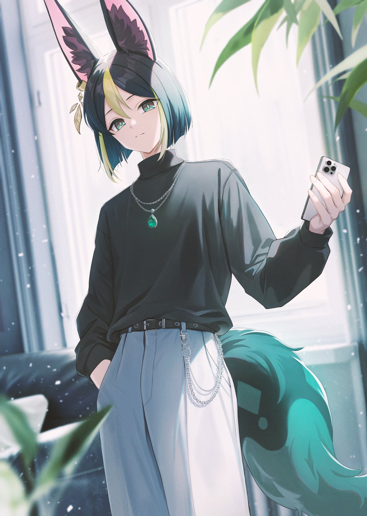 solar (happymonk), tighnari (genshin impact), genshin impact, highres, 1boy, animal ear fluff, animal ears, black hair, black sweater, fox boy, fox ears, green eyes, green hair, hair between eyes, jewelry, male focus, multicolored hair, necklace, pants, pleated pants, short hair, streaked hair, sweater, turtleneck, turtleneck sweater, white pants