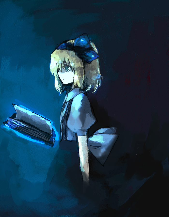fori, alice margatroid, alice margatroid (pc-98), mystic square, touhou, touhou (pc-98), 1girl, blonde hair, blue eyes, book, expressionless, female focus, floating, floating object, from side, grimoire, grimoire of alice, hairband, puffy short sleeves, puffy sleeves, shaded face, short hair, short sleeves, solo