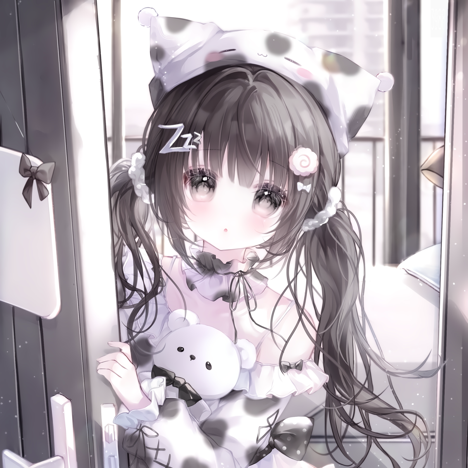 camao, original, highres, large variant set, variant set, 1girl, animal ears, animal hat, animal print, bare shoulders, black hair, blush, bow, dress, frills, hair ornament, hairclip, hat, indoors, long hair, long sleeves, looking at viewer, off shoulder, parted lips, solo, stuffed animal, stuffed cat, stuffed toy, twintails
