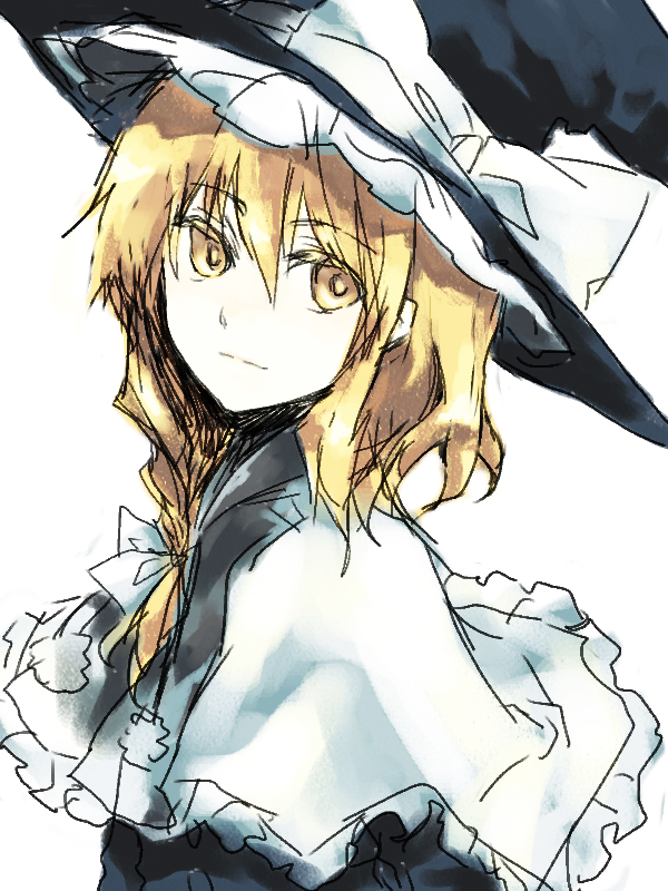 fori, kirisame marisa, touhou, 1girl, blonde hair, braid, female focus, hat, simple background, solo, witch, witch hat, yellow eyes