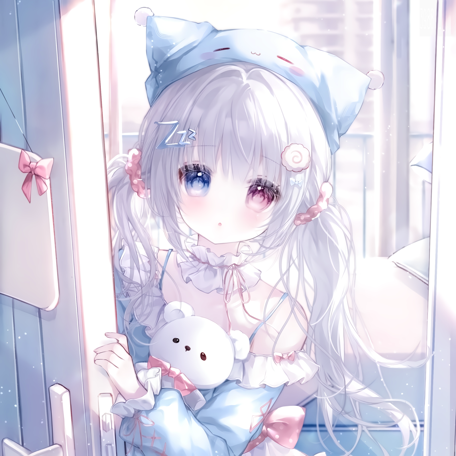 camao, original, highres, large variant set, variant set, 1girl, animal ears, animal hat, bare shoulders, blue eyes, blush, bow, door, dress, frills, hair ornament, hair scrunchie, hat, heterochromia, indoors, long hair, long sleeves, looking at viewer, off shoulder, parted lips, red eyes, scrunchie, solo, stuffed animal, stuffed toy, twintails, white hair, window