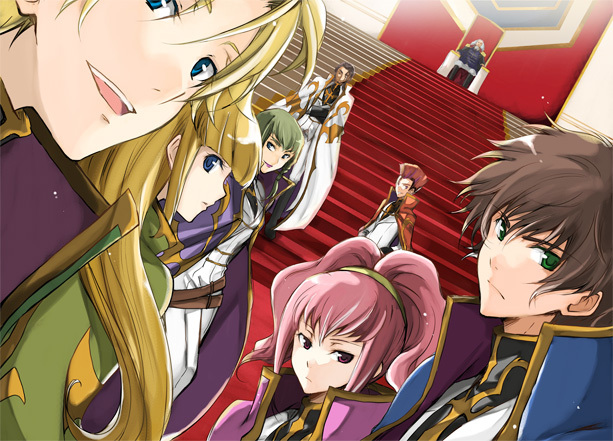 sasahara rena, anya alstreim, bismarck waldstein, charles zi britannia, gino weinberg, kururugi suzaku, luciano bradley, monica kruszewski, nonette enneagram, code geass, code geass: lost colors, 00s, 3girls, 5boys, :d, blonde hair, brown hair, cape, carpet, close-up, green hair, indoors, knights of the round, looking at viewer, multiple boys, multiple girls, open mouth, ponytail, profile, red hair, smile, stairs, throne, upper body