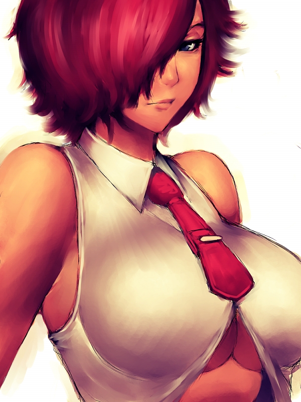fumio (rsqkr), vanessa (kof), snk, the king of fighters, 1girl, blue eyes, breasts, cleavage, female focus, hair over one eye, large breasts, light smile, lips, necktie, red hair, short hair, solo, underboob, upper body
