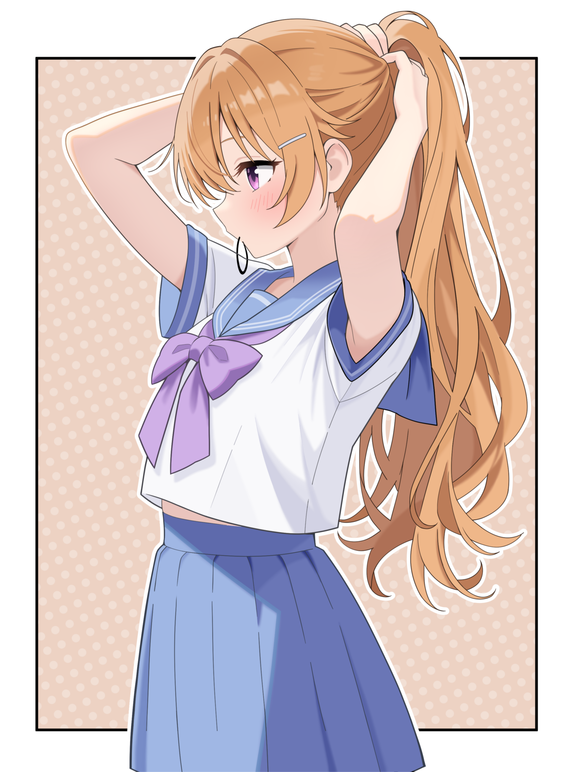 daito (daitooekakiaka), konoe kanata, love live!, love live! nijigasaki high school idol club, absurdres, highres, 1girl, armpit peek, blue skirt, blush, border, bow, bowtie, hair tie, hair tie in mouth, long hair, looking ahead, midriff peek, mouth hold, orange hair, pleated skirt, polka dot, polka dot background, ponytail, purple bow, purple bowtie, school uniform, serafuku, shirt, short sleeves, skirt, solo, summer uniform, tying hair, up sleeve, very long hair, white border, white shirt