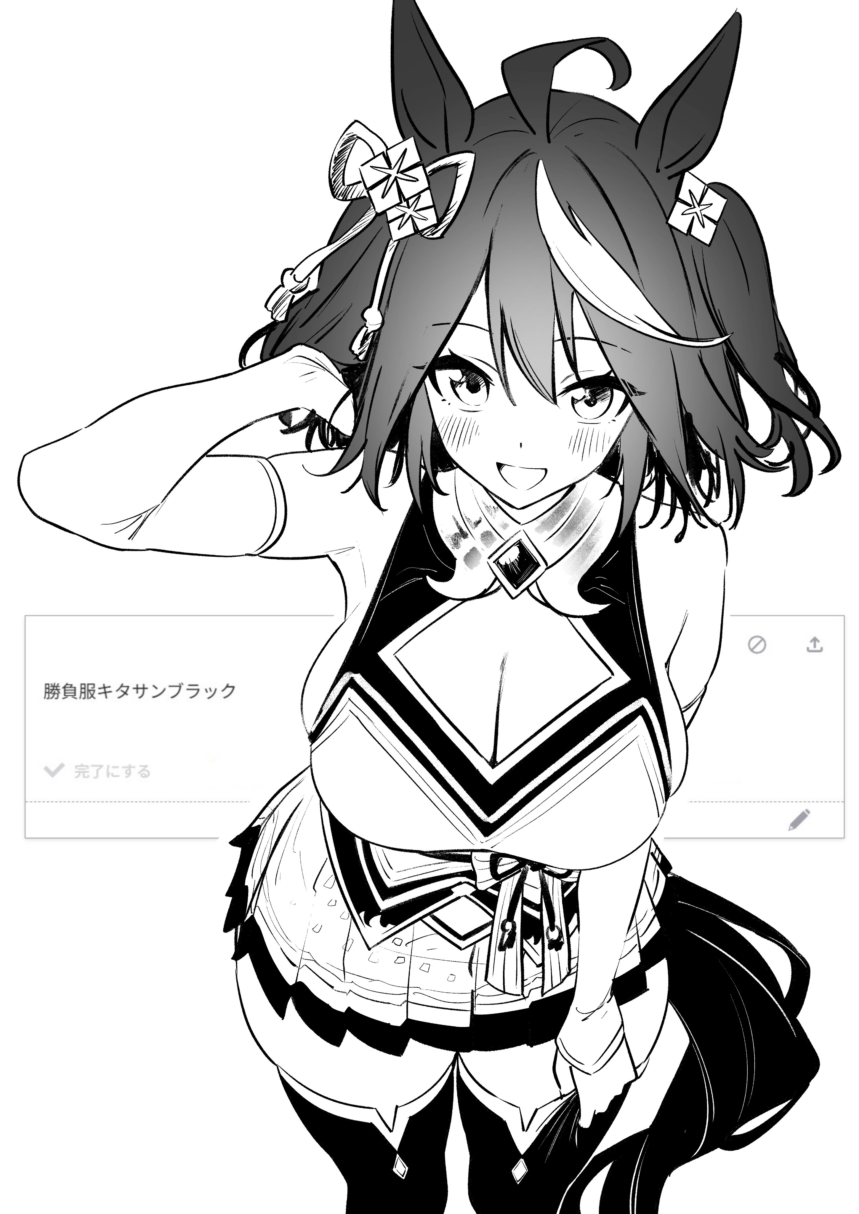 herohero (higashi no dou), kitasan black (crowning ooban) (umamusume), kitasan black (umamusume), umamusume, absurdres, commentary request, highres, 1girl, ahoge, animal ears, bare shoulders, black thighhighs, blush, breasts, cleavage, cleavage cutout, clothing cutout, detached sleeves, diamond cutout, greyscale, hair between eyes, hair ornament, horse ears, horse girl, horse tail, large breasts, leaning forward, looking at viewer, miniskirt, monochrome, multicolored hair, open mouth, pleated skirt, request inset, shirt, short hair, simple background, skirt, sleeveless, sleeveless shirt, smile, solo, streaked hair, tail, thighhighs, two side up, white background