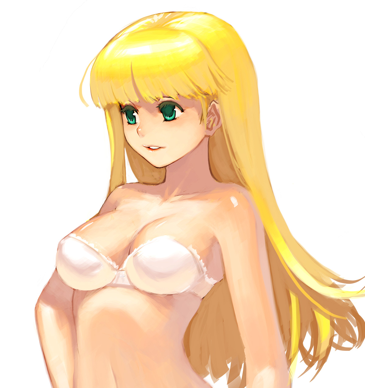 kamdia, original, bad id, bad pixiv id, highres, 1girl, blonde hair, blunt bangs, bra, female focus, green eyes, lingerie, long hair, parted lips, simple background, sketch, solo, underwear, upper body, white background