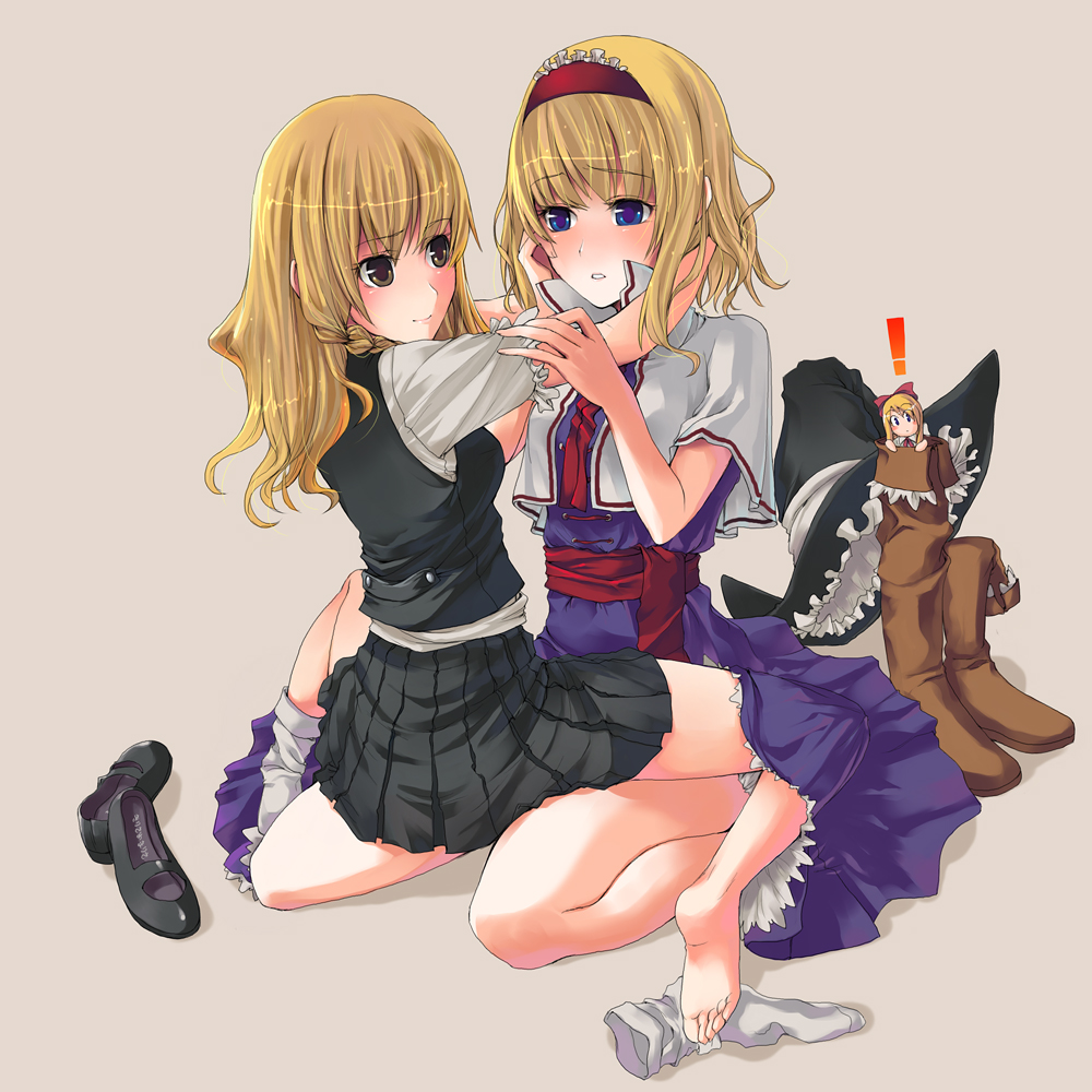 unasaka ryou, alice margatroid, kirisame marisa, shanghai doll, touhou, arm grab, !, 2girls, adapted costume, arms around neck, barefoot, blonde hair, blue eyes, blush, boots, dress, eye contact, feet, female focus, girl on top, hair ribbon, hat, hug, kneeling, legs, long hair, looking at another, multiple girls, ribbon, shoes, short hair, shy, skirt, smile, sock pull, socks, soles, spread legs, straddling, toes, unworn hat, unworn headwear, witch, witch hat, yellow eyes, yuri