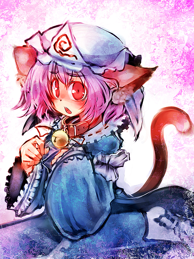 ukyo rst, saigyouji yuyuko, touhou, 1girl, animal ears, bell, cat ears, cat girl, cat tail, collar, female focus, hat, kemonomimi mode, neck bell, open mouth, pink hair, red eyes, sitting, solo, tail, wide sleeves