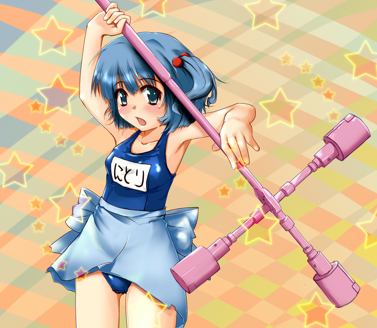 natsume riu, kawashiro nitori, touhou, 1girl, female focus, hair bobbles, hair ornament, one-piece swimsuit, school swimsuit, solo, swimsuit, two side up