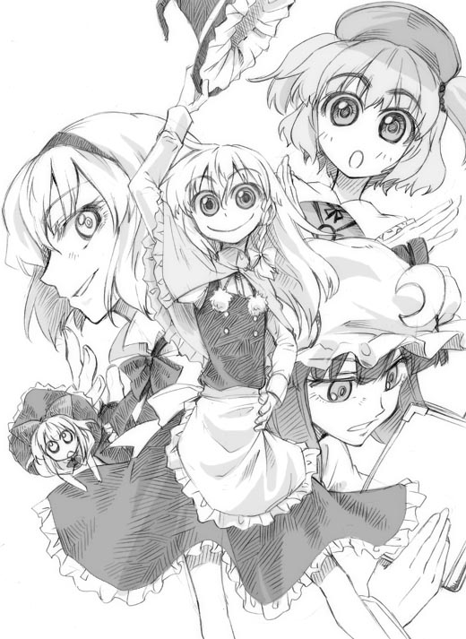 hikawa shou, alice margatroid, kawashiro nitori, kirisame marisa, patchouli knowledge, shanghai doll, subterranean animism, touhou, photoshop (medium), 4girls, :o, apron, book, bow, braid, capelet, crescent, crescent hat ornament, female focus, greyscale, hair bow, hand on own hip, hat, hat ornament, holding, holding unworn clothes, holding unworn hat, long hair, looking at viewer, monochrome, multiple girls, short hair, side braid, smile, unworn hat, unworn headwear, waist apron, wide-eyed