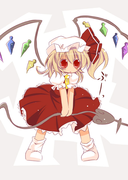 muuba, flandre scarlet, touhou, 1girl, female focus, full body, grey background, hat, mob cap, red eyes, solo, standing, white background, wings