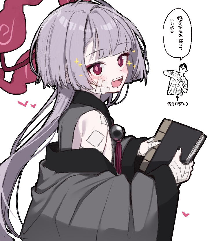 koitsuga suki, doodle sensei (blue archive), sensei (blue archive), shuro (blue archive), blue archive, black nails, blush, book, fang, flat chest, gauze, gauze on arm, gauze on face, grey hair, halo, heart, holding, holding book, long sleeves, pale skin, smile, sparkle, speech bubble