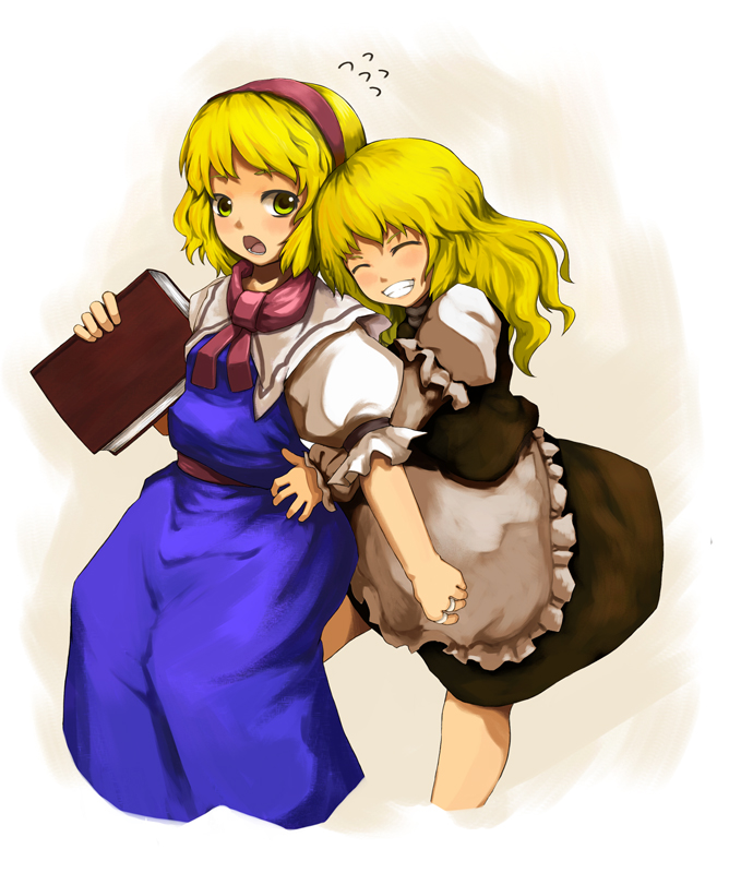 laboto, alice margatroid, kirisame marisa, touhou, 2girls, :d, :o, ^ ^, apron, blonde hair, blue dress, blue eyes, blush, closed eyes, dress, female focus, flying sweatdrops, grin, hairband, hug, hug from behind, multiple girls, open mouth, simple background, smile, teeth, waist apron, white background, yuri