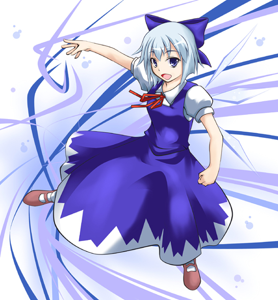 ogami kazuki, cirno, embodiment of scarlet devil, touhou, 1girl, blue eyes, blue hair, bow, female focus, matching hair/eyes, ribbon, short hair, smile, solo