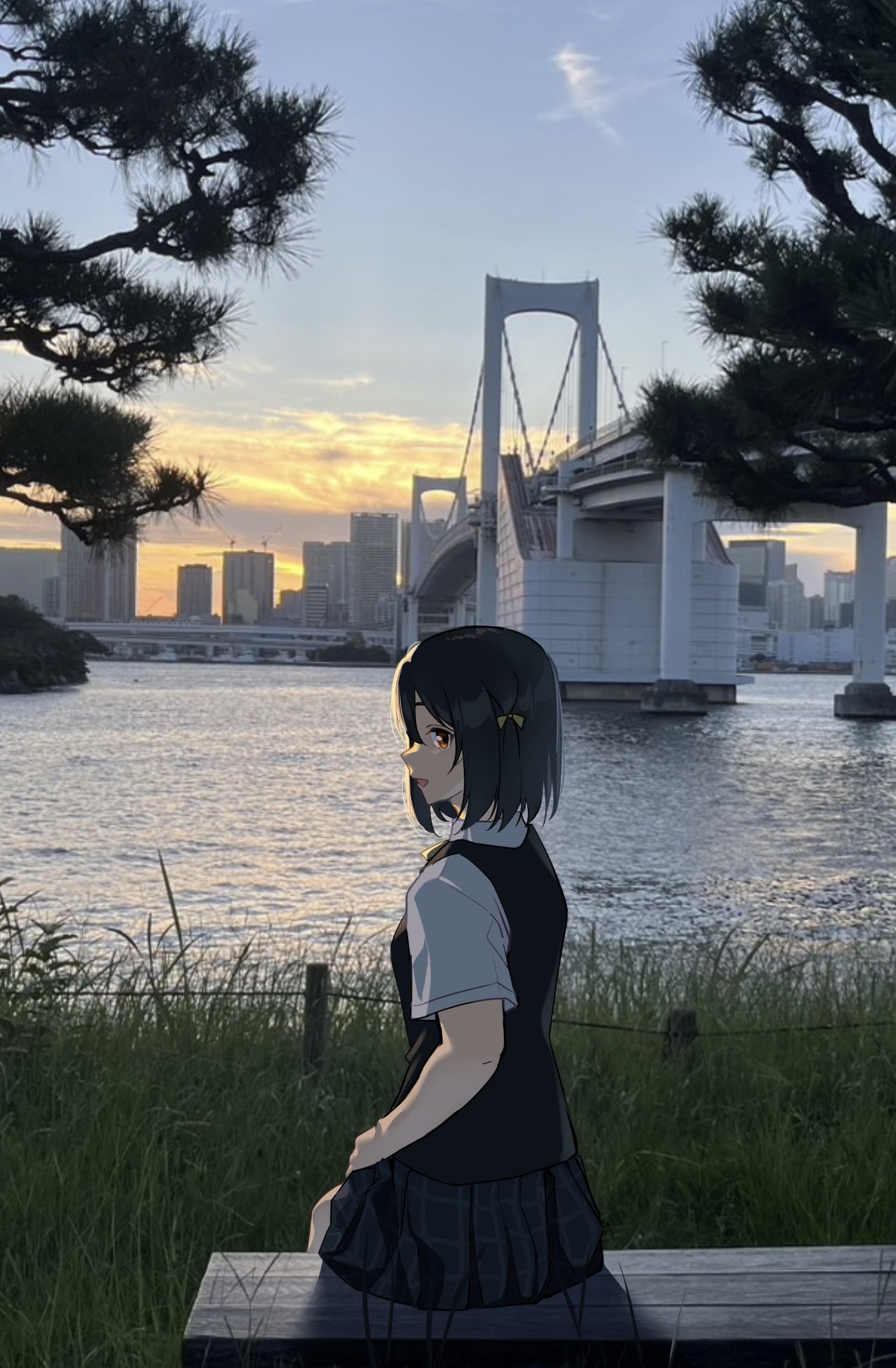 89ru0, mifune shioriko, love live!, love live! nijigasaki high school idol club, commentary, highres, 1girl, bench, black hair, black vest, blue shirt, blue skirt, bob cut, cloud, collared shirt, dress shirt, from behind, grass, looking at viewer, looking back, medium hair, miniskirt, nijigasaki school uniform, on bench, open mouth, outdoors, plaid clothes, plaid skirt, pleated skirt, real world location, red eyes, school uniform, shadow, shirt, sitting, skirt, smile, solo, summer uniform, sunset, tokyo rainbow bridge, tree, vest, wooden bench