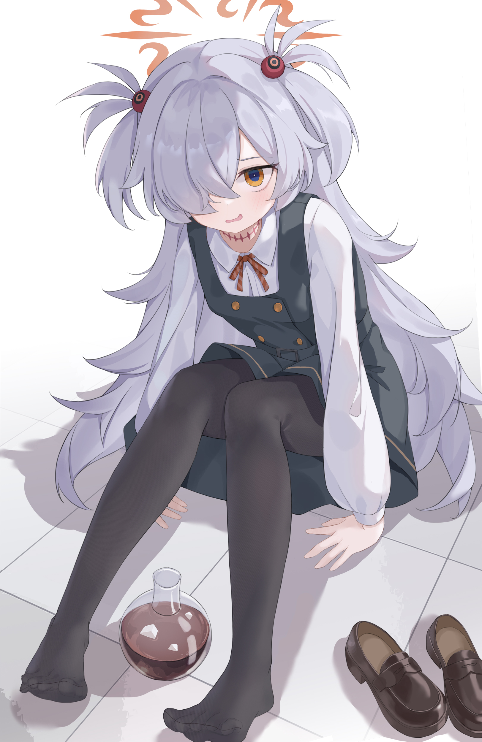 serika, kanoe (blue archive), blue archive, absurdres, highres, 1girl, black pantyhose, brown eyes, brown halo, brown shoes, flask, grey hair, grey skirt, grey vest, hair over one eye, halo, looking at viewer, one eye covered, pantyhose, round-bottom flask, shirt, shoes, skirt, solo, thighs, vest, white shirt
