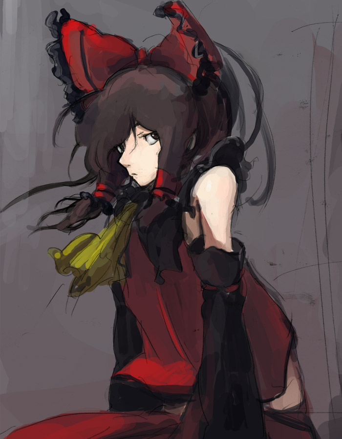 kasa (hitori sanka), hakurei reimu, touhou, 1girl, ascot, bare shoulders, bow, brown eyes, brown hair, detached sleeves, female focus, hair bow, japanese clothes, miko, solo