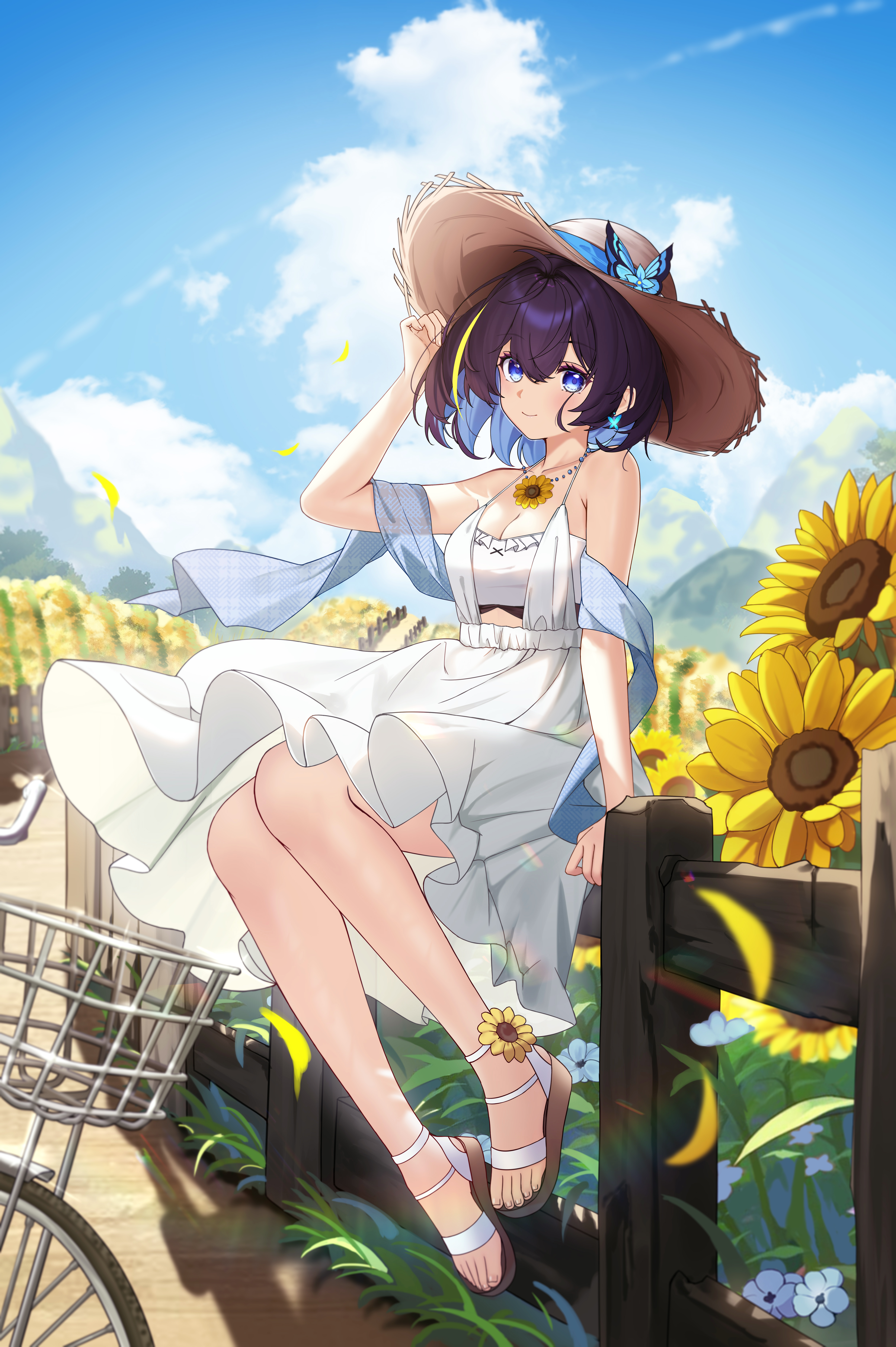 takeawatch, seele vollerei, seele vollerei (swallowtail phantasm), honkai (series), honkai impact 3rd, absurdres, chinese commentary, commentary request, highres, 1girl, ahoge, arm support, bare shoulders, bicycle, black hair, blue butterfly, blue eyes, blue hair, blue shawl, blue sky, breasts, brown hat, bug, butterfly, butterfly earrings, cleavage, closed mouth, cloud, collarbone, colored inner hair, contrail, day, dirt road, dress, earrings, falling petals, feet, fence, field, flower, flower field, grass, hand up, hat, hat ornament, hat ribbon, insect, jewelry, legs, lens flare, looking at viewer, medium breasts, mountainous horizon, multicolored hair, necklace, outdoors, petals, ribbon, road, sandals, shawl, short hair, sidelocks, sitting, sitting on fence, sky, smile, solo, straw hat, streaked hair, sunflower, sunflower field, sunlight, thighs, toes, white dress, wind, wooden fence