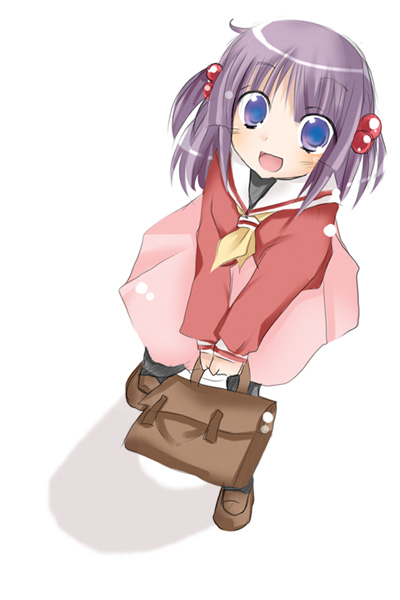 segawa izumi, hayate no gotoku!, non-web source, 00s, bag, blue eyes, looking up, purple hair, school bag, school uniform, serafuku, short hair, solo, twintails