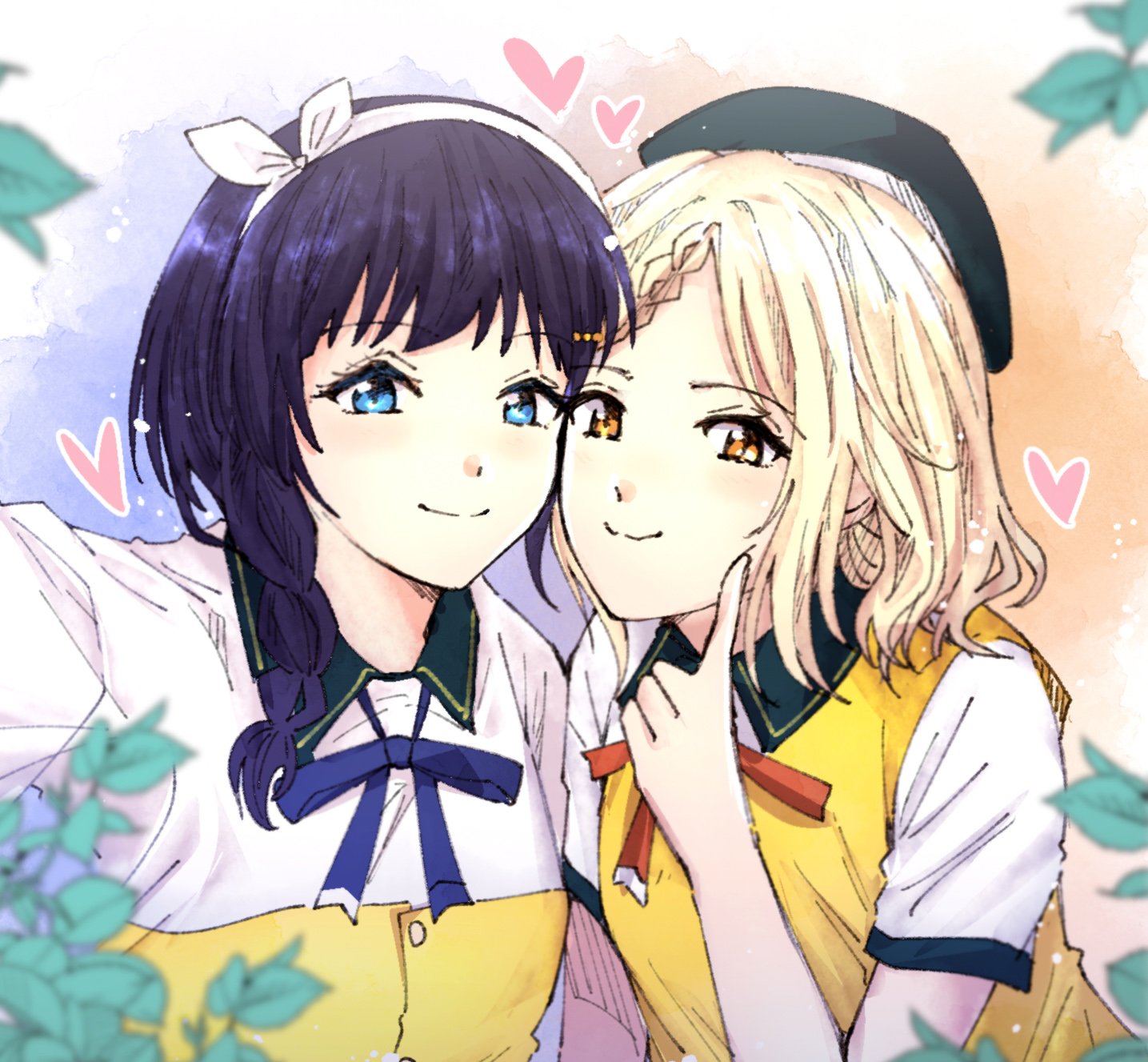 typeakiha73, asaka karin, miyashita ai, love live!, love live! nijigasaki high school idol club, commentary request, highres, 2girls, beret, black hat, blonde hair, blue eyes, blue ribbon, blurry, blurry foreground, bow hairband, braid, braided bangs, closed mouth, collared shirt, diverdiva, hairband, hat, heart, l! l! l! (love the life we live), looking at viewer, medium hair, multiple girls, neck ribbon, official alternate costume, orange background, orange eyes, orange ribbon, purple background, purple hair, ribbon, selfie, shirt, short sleeves, split mouth, two-tone background, upper body, vest, white hairband, white shirt, yellow vest
