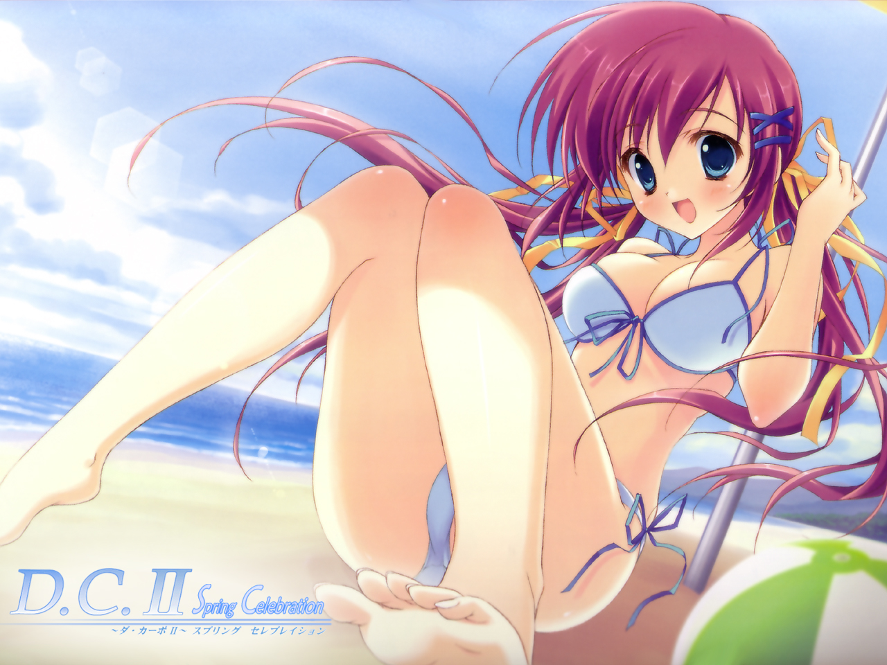 ryouka (suzuya), shirakawa nanaka, da capo, da capo ii, non-web source, 00s, 1girl, ball, barefoot, beach, beachball, bikini, blue eyes, blush, breasts, cleavage, day, feet, female focus, front-tie top, hair ribbon, lens flare, long hair, medium breasts, open mouth, outdoors, parasol, pink hair, ribbon, side-tie bikini bottom, smile, solo, swimsuit, twintails, umbrella