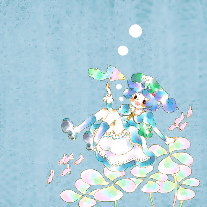 mana (artist), kawashiro nitori, touhou, 1girl, :d, backpack, bag, bloomers, blue hair, blush, boots, bubble, dress, female focus, fish, hair bobbles, hair ornament, hat, key, long sleeves, open mouth, smile, solo, twintails, two side up, underwater, underwear, white bloomers